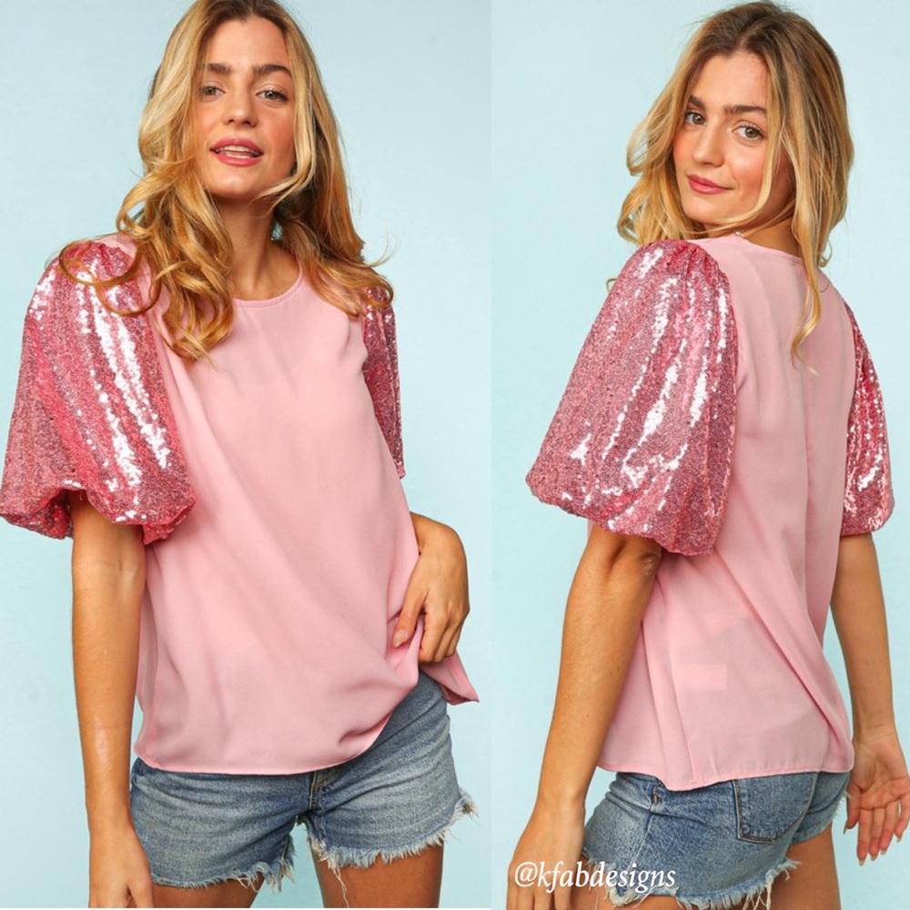 LAST 1! Bubble Gum Pink Puff Sequined Sleeve (Lined Sleeve) Top! - Picture 2 of 10